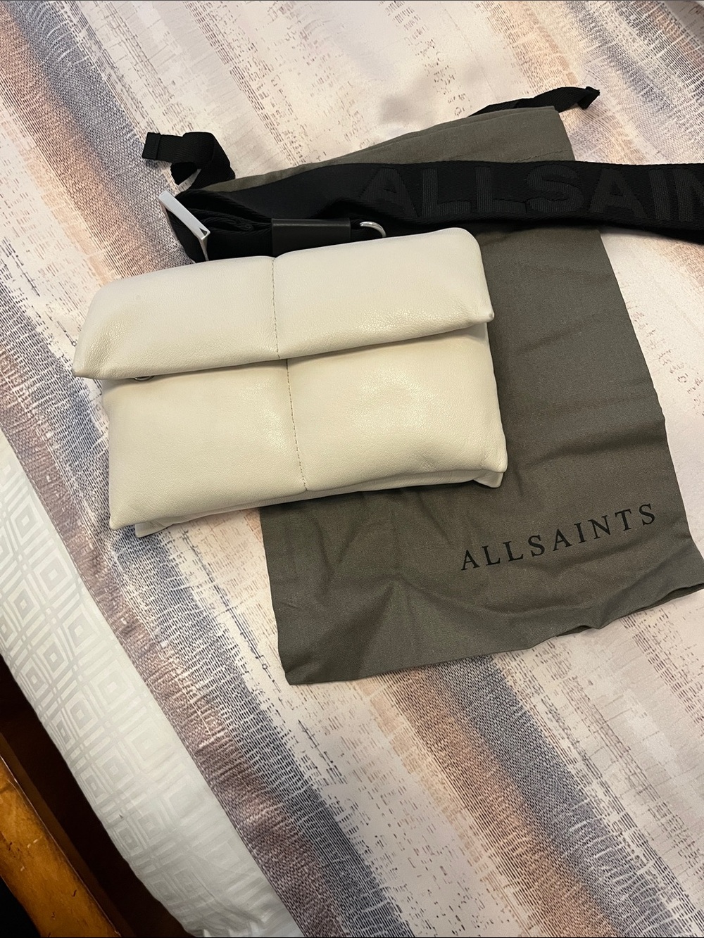 AllSaints Cream Fold-Top Leather Crossbody with Branded Strap